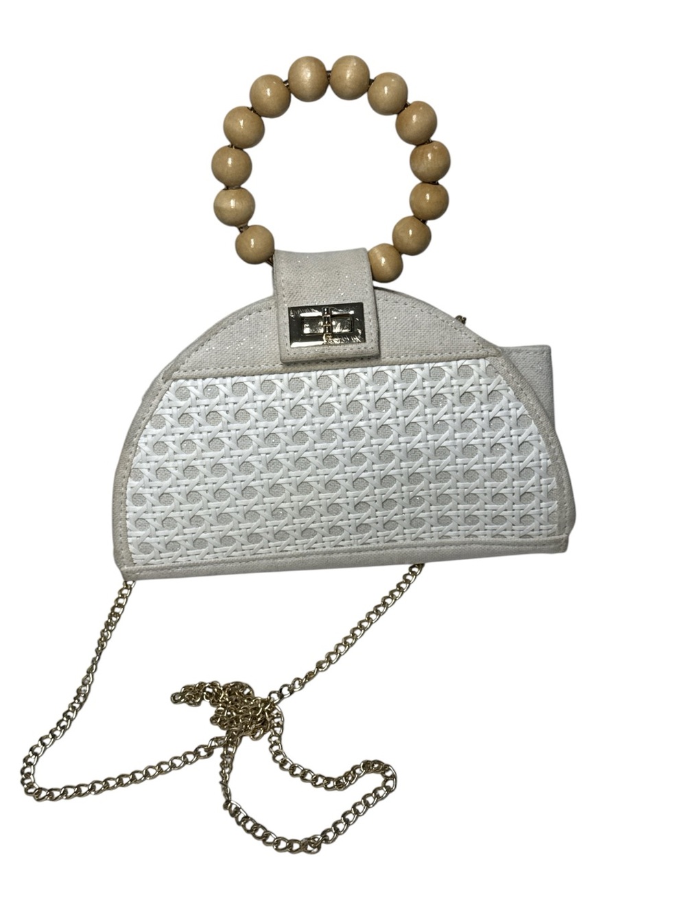 Cream Woven Rattan & Bead Handle Half Moon Crossbody
Handbag